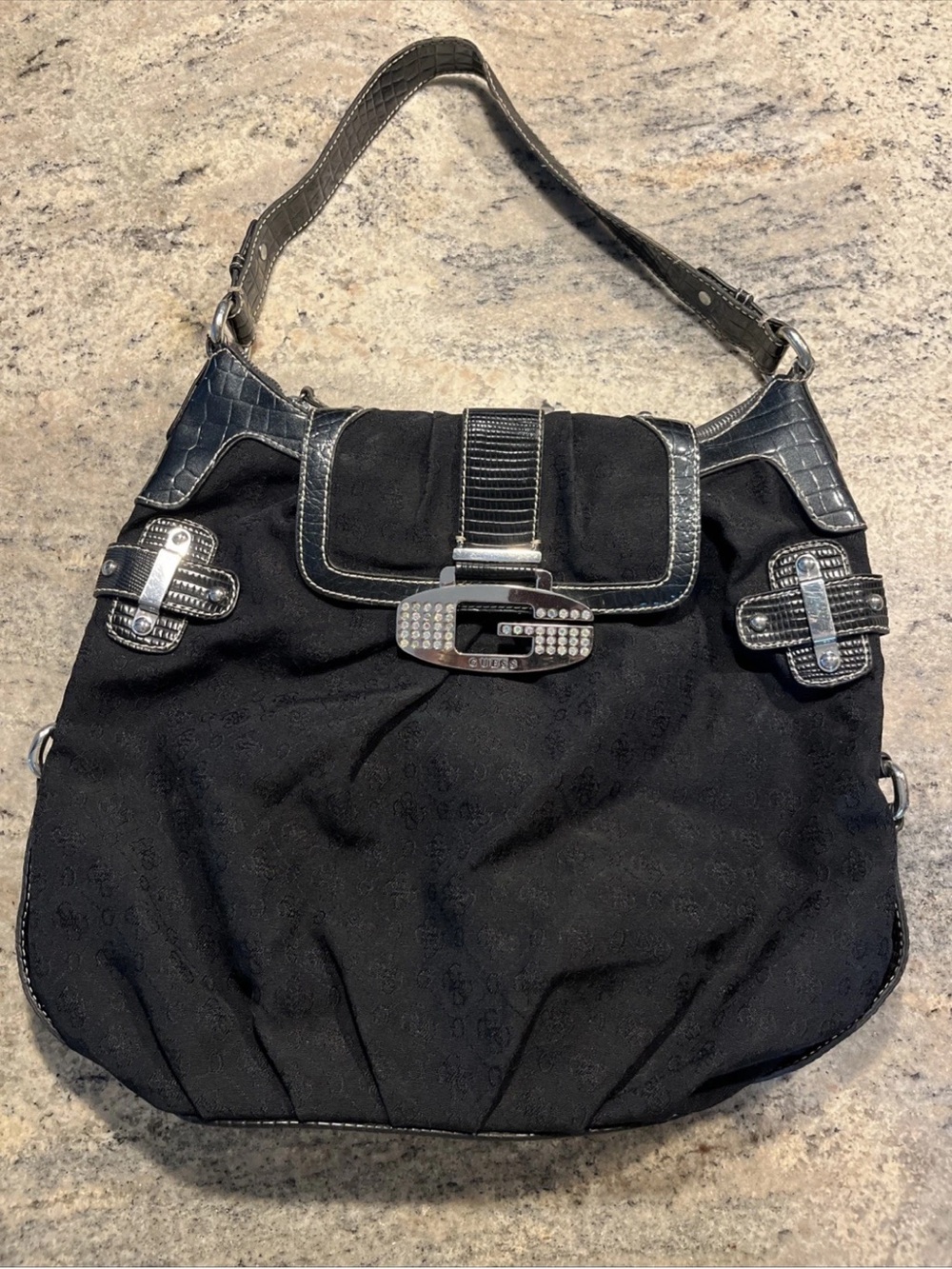 Guess Vintage Black and Silver Large Shoulder Bag Y2K 90s Hobo Purse - Picture 1 of 7